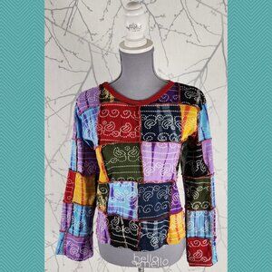 Colorful Rainbow Patchwork Cotton Crewneck Cropped Tee Nepal Y2K